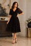 Women's Double-Breasted Collar Short-Sleeved Lycra Lined Waist-Fitted Patterned Stylish Brown Midi Evening Dress - 2