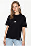 Women's Black 100% Cotton Oversize Crew Neck Side Slit Basic T-Shirt 60382625 - 4