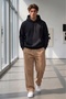 Men's Black Plain Hooded Sweatshirt Beige Wide Leg Sweatpants Set - 3