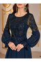 Navy Blue Embellished A-Line Maxi Evening Dress - 5