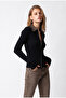7043 Women's Denim Collared Zippered Ribbed Knit Cardigan Black - 4