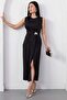 Oval Neckline Side Pleated Buckled Satin Dress K-251633 - 3