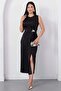 Oval Neckline Side Pleated Buckled Satin Dress K-251633 - 5