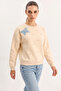 Women's Crew Neck Sweatshirt with Butterfly Accessories, Stone Embroidery, Three Thread Shadon Beige Sweatshirt - 3
