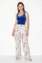 Women's Ocean Breeze Patterned Studded Scarf Accessory Pocket Detailed Elastic Waist Linen Trousers White Blue - 4