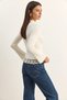 Women's Lace Detailed Half Turtleneck Buttoned Ribbed Knitwear Ecru Cardigan - 6