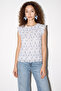 Women's Floral Patterned Ruffle Detailed Lined Pleated Chiffon Blue Blouse
