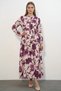 Women's High Collar Gathered Waist Floral Patterned Viscose Dark Pink Hijab Dress - 6