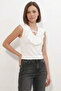 Women's V-Neck Ruffled Lace-Up White Blouse - 2