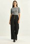 Women's Gold Button Detailed Pleated High Waist Palazzo Black Trousers - 7