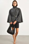 Women's Gold Button Detailed Belted Poncho Anthracite - 3