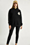 Women's Embroidered Hooded Black Sweatshirt with Kangaroo Pocket - 3