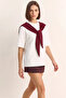 Women's Oversize Basic White Claret Red T-Shirt with Shawl Detail - 6