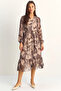 Women's Elastic Waist V-Neck Button Detailed Lined Patterned Chiffon Beige Dress