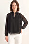 Women's Stand Collar Metal Accessory Transparent Sleeves Chiffon Black Blouse - 2