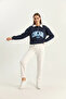 Women's Polo Collar Chicago Printed Three-Thread Ribbed Navy Blue Sweatshirt - 6