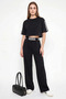 Women's Stripe Detailed Crop Blouse High Waist Modal Black Set - 4
