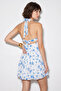 Women's Floral Patterned Halter Neck Guipure Detailed Lined Chiffon Dress De Blue - 5