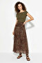 Women's Waist Drawstring Detailed Shawl Patterned Lined Chiffon Maxi Skirt Brown Green - 5