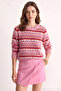 Women's Shoulder Patch Patterned Knitwear Pink Sweater - 5