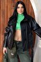 Women's Belted Stand Collar Faux Leather Short Trench Coat Jacket - 2
