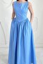 Blue Waist Gathered Long Dress - 2