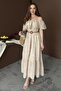 Beige Shoulder Elastic Brode Dress - 4