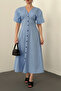 Blue Button Midi Length Poplin Dress - 3
