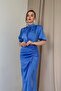 Blue Gathered Satin Dress - 2