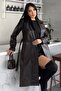 Women's Belted Faux Leather Trench Coat Double-Breasted Collar Long Leather Jacket - 2