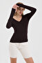 Women's Brown V-Neck Slim Fit Finger-Loop Ultra Soft Flexible Lycra Cotton Basic Body&Blouse - 3