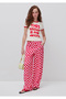 Women's Pink Mix Cotton Blend Elastic Waist Patterned Wide Leg Trousers - 3