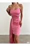 Pink strapless side slit ruched satin midi/maxi dress 582614 - 2