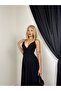 Women's Black Strappy V-Neck Draped Gathered Backless Maxi Dress - 2