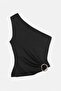 Black One-Shoulder Metal Buckle Detailed Polyamide Blouse Tdrss26Bz00079 - 4