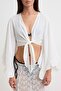 Plaj Crop Giyim Ekru Dokuma Volanlı Bluz TBESS19BB0095 - 3