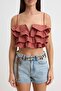 Kahverengi Dokuma Fırfırlı Plaj Crop Bluz TBESS21BZ0661 - 3