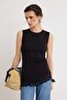 Black Plain Fitted/Body-Fitting Lace Detailed Asymmetrical Stretch Knitted Blouse Twoss26El01176