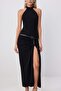 Siyah Halter Yaka Shift/Düz Kesim Maxi Kemerli Dokuma Abiye & Mezuniyet Elbisesi TPRSS26AE00217 - 3