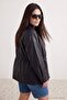 Siyah Oversize Kalıp Bel Lastikli Suni Deri Büyük Beden Mont TWOAW27AW00006 - 4