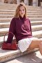 Mürdüm Kalın İçi Polarlı Yarım Pat Fermuarlı Oversize Kapüşonlu Örme Sweatshirt TWOAW26SW00060 - 4