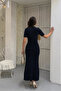 Women's Navy Blue Glitter Lined Short Sleeve Summer Fabric Long Elegant Knitwear Dress (S/M) - 4