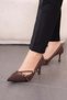 Feles Staple Buckle Detailed Stiletto Heeled Women's Shoes Brown - 3