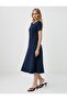 Navy Blue Boat Neck Short Sleeve Woven Midi Dress - 2