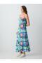 Blue Floral Patterned Strapless Linen Blend Midi Dress - 2