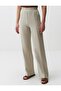Beige Melange Wide Leg Linen Trousers with Elastic Waist - 4