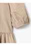 V Neck Short Balloon Sleeve Striped Blouse with Lace Detail - 5