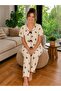 طقم بيجامة منقوشة على شكل دب بيج للأطفال من قماش بوريومك مع فيونكة