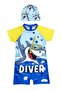 Boy's Divershark Printed Sun Protection Zippered Hipster Swimsuit+Cap 2 Piece Set