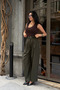 Khaki Three-Pleated Belted High-Waisted Palazzo Trousers - 6